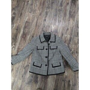 Talbots Blazer Houndstooth Black White Jacket Womens Size 8 Petite Wool Blend
